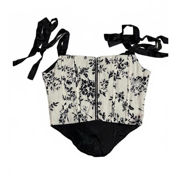 Bustier Corset Cream Black Flowers Back Zip Top Ties Women’s Small - Picture 5 of 7